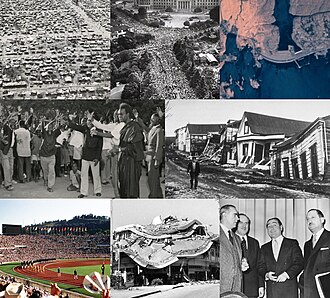 1960 — En el sentido de las agujas del reloj, desde arriba a la izquierda: un campo de refugiados en la República Democrática del Congo durante la crisis del Congo; las protestas masivas de Anpo en…