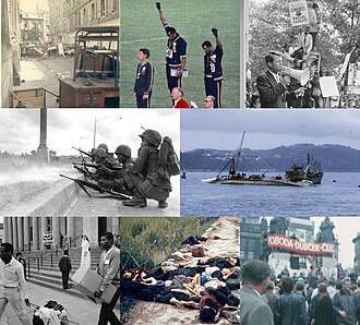 1968 — En el sentido de las agujas del reloj, desde arriba a la izquierda: la desobediencia civil de izquierda estalla en Francia en mayo; los atletas estadounidenses Tommie Smith y John Carlos lev…