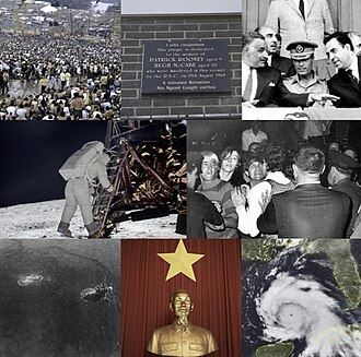 1969 — En el sentido de las agujas del reloj, desde arriba a la izquierda: El Festival de Woodstock se lleva a cabo en el estado de Nueva York. Una placa conmemorativa de Patrick Rooney y Hugh McCa…