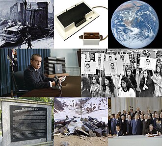 1972 — En el sentido de las agujas del reloj la parte superior izquierda: ● un terremoto de Managua (Nicaragua) mató a unas 11 000 personas; ● se lanza Magnavox Odyssey, la primera videoconsola com…