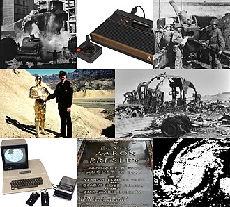 1977 — En el sentido de las agujas del reloj desde arriba a la izquierda: un terremoto en Rumania y los Balcanes mata a 1.578 personas; Atari lanza Atari 2600; Se firman los Tratados Torrijos-Carte…