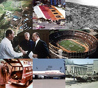 1978 — En el sentido de las agujas del reloj desde arriba a la izquierda: ocurre la masacre de Jonestown, que dejó 909 personas muertas; El vuelo 182 de PSA choca con una avioneta privada Cessna 17…
