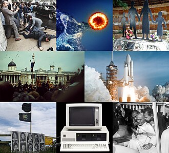 1981 — En el sentido de las agujas del reloj desde la parted superior izquierda: John Hinckley Jr. dispara y hiere al presidente de los Estados Unidos, Ronald Reagan; el primer caso de VIH/SIDA com…