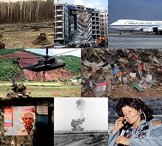 1983 — En el sentido de las agujas del reloj desde la parte superior izquierda: los incendios forestales del Miércoles de Ceniza quemaron alrededor de 2080 km² (513 979 acres) matando a 75 personas…