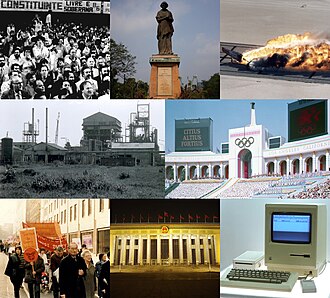 1984 — En el sentido de las agujas del reloj desde arriba la parte superior izquierda: un movimiento de disturbios civiles exigió elecciones presidenciales directas en Brasil; La primera ministra i…