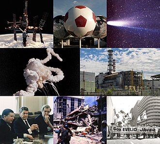 1986 — En el sentido de las agujas del reloj desde la parte superior izquierda: el módulo central de la estación espacial Mir es lanzado por la Unión Soviética; la Copa Mundial de fútbol de 1986 se…