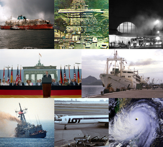 1987 — En el sentido de las agujas del reloj desde la parte superior izquierda: El MS Herald of Free Enterprise zozobra después de salir del puerto de Zeebrugge en Bélgica, matando a 193; El vuelo …