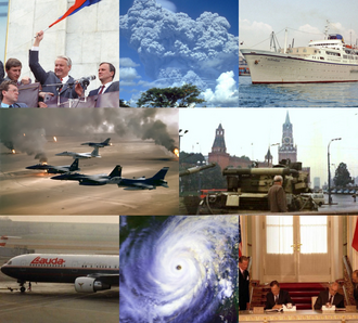 1991 — En el sentido de las agujas del reloj desde la parte superior izquierda: Boris Yeltsin, elegido como el primer presidente de Rusia, ondea la nueva bandera de Rusia después del intento de gol…