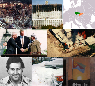 1993 — En el sentido de las agujas del reloj desde la parte superior izquierda: Ramzi Yousef y otros terroristas islámicos detonan un camión bomba en el garaje subterráneo de la Torre Norte del Wor…