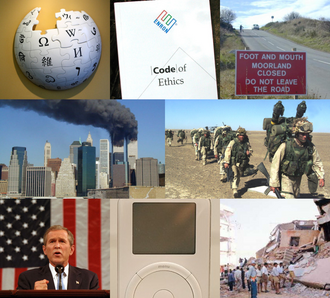 2001 — Desde arriba a la izquierda, en el sentido de las agujas del reloj: Wikipedia es fundada; Enron es disuelta tras el Escándalo Enron; letrero que advierte de no salir del camino durante el pe…