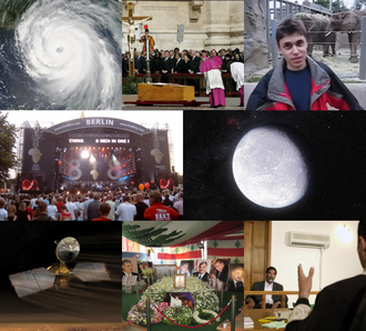 2005 — Desde arriba a la izquierda, en el sentido de las agujas del reloj: Huracán Katrina en el Golfo de México; el funeral del Papa Juan Pablo II se lleva a cabo en la Ciudad del Vaticano; "Me at…