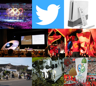 2006 — Desde arriba a la izquierda, en el sentido de las agujas del reloj: apertura de los Juegos Olímpicos de Invierno de 2006 en Turín; Twitter es fundado y lanzado por Jack Dorsey; Se lanza la N…