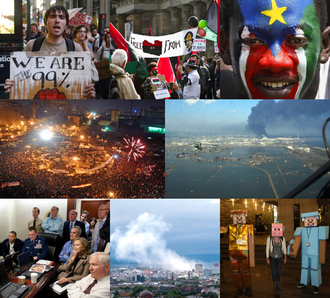 2011 — Desde arriba a la izquierda, en el sentido de las agujas del reloj: Un manifestante que participa en Occupy Wall Street anuncia el comienzo del movimiento Occupy. Protestas contra el dictado…