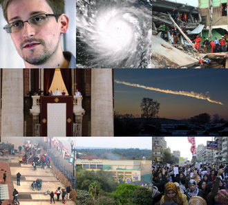 2013 — Desde la izquierda, en el sentido de las agujas del reloj:Edward Snowden se vuelve famoso internacionalmente por filtrar información clasificada de escuchas telefónicas de la NSAEl tifón Hai…