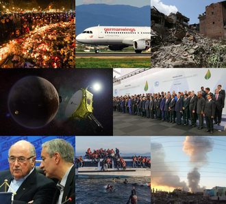 2015 — Desde arriba a la izquierda, en el sentido de las agujas del reloj: Homenaje civil en recuerdo a las victimas de los atentados de París de noviembre de 2015. El vuelo 9525 de Germanwings se …