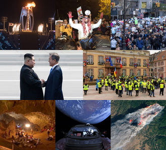 2018 — Desde arriba a la izquierda, en el sentido de las agujas del reloj: ● En Pieonchang (Corea del Sur) se celebra la ceremonia de apertura de los Juegos Olímpicos de Invierno de 2018. ● Protest…