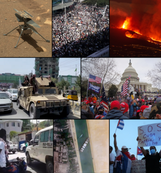 2021 — Desde arriba a la izquierda, en el sentido de las agujas del reloj:El helicóptero Mars Helicopter Ingenuity después del despliegue en la superficie de Marte;Manifestantes en Yangon, Myanmar,…